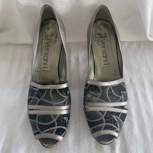 Versani Heels Silver with Mesh Peep Toe Vintage Size 9, Made in Italy